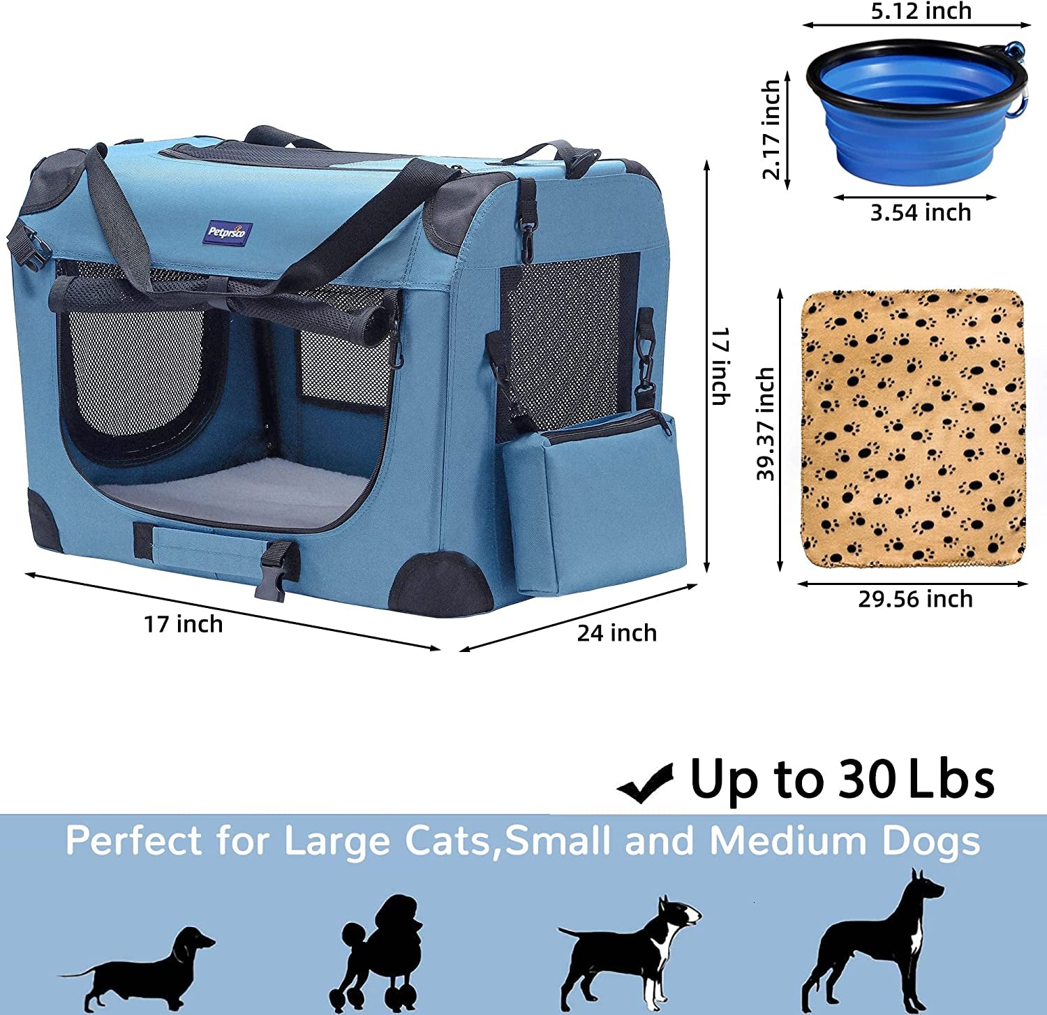 Portable Collapsible Dog Crate, Travel Dog Crate 24X17X17 with Soft Warm Blanket and Foldable Bowl for Large Cats & Small Dogs Indoor and Outdoor